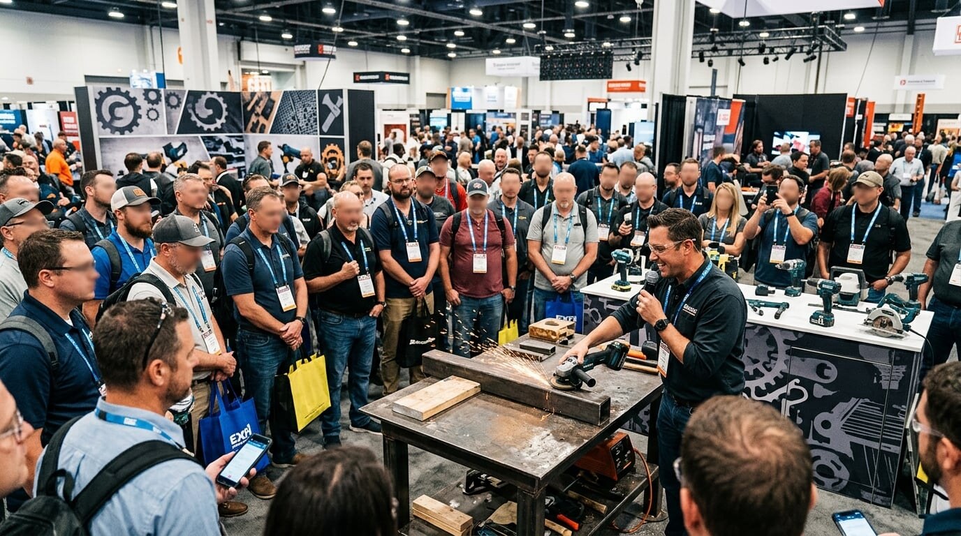 Посетители у стендов с оборудованием и демонстрациями инструмента на ASEAN Tools Expo в Бангкоке