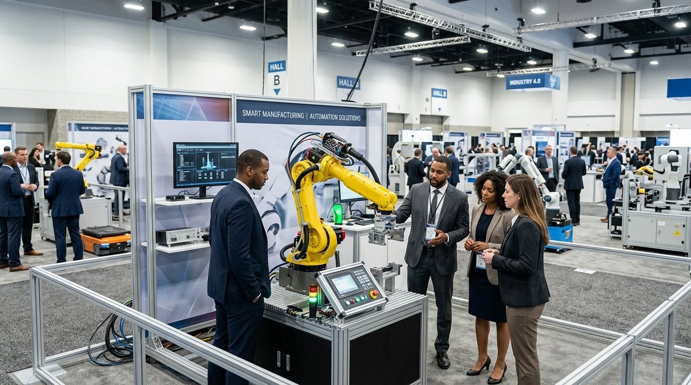 Посетители у стендов с технологиями промышленной автоматизации на Intelligent Manufacturing Expo в Бангкоке
